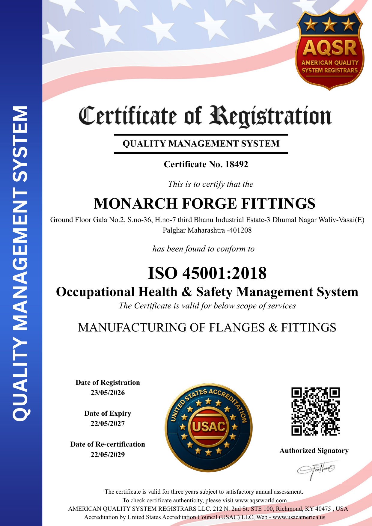 ISO 45001:2018 Occupational Health & Safety Management System Certificate